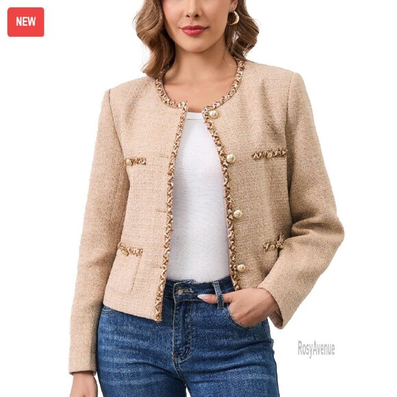 Jackets & Blazers - Cropped Tweed Blazer with Pockets, Long Sleeve Collarless Jacket